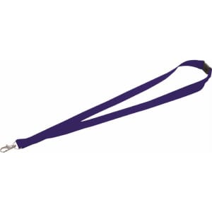 A purple lanyard with a lobster clip at one end and a branding logo on the clip.