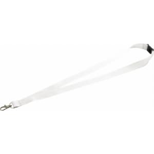 A white lanyard with a lobster clip, designed for use at exhibitions and events.