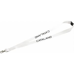 A white lanyard with a lobster clip and branding displayed along its length.