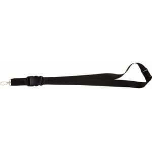A black lanyard with a clip and adjustable buckle, designed for holding ID cards or other items.
