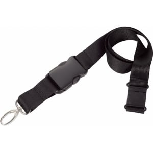 A black lanyard with a clip and a breakaway feature, suitable for exhibitions and events.