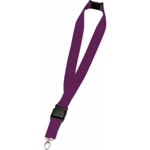 A purple lanyard with a black buckle and a metal clip for attaching ID cards or badges.