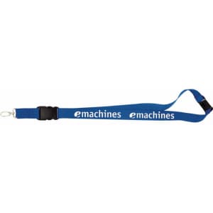 A blue lanyard with a clip and a buckle, featuring a logo along its length.