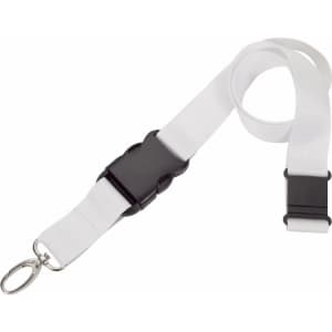 A white lanyard with a black clip and attachment hook, designed for carrying ID cards or small items.