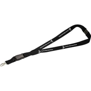 A black lanyard with a clip, featuring a logo and text along its length, suitable for events and exhibitions.