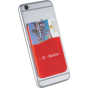 A red silicone card wallet attached to a smartphone, holding a credit card and featuring a logo.
