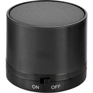 A black cylinder Bluetooth speaker featuring a mesh speaker top and an on/off switch at the base.