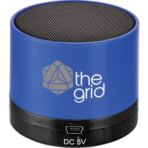 A blue cylinder Bluetooth speaker with a mesh top and a logo on the side. The base features a charging port.