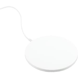 A white ultra-thin wireless charging pad with a connected cable. It features a simple design and has a logo.