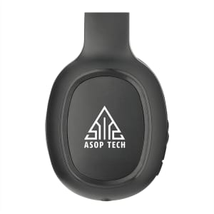 Black wireless headphones with a logo on the side. The design is sleek and modern, featuring a microphone.