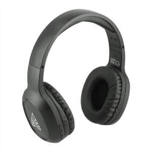 Black Bluetooth headphones with cushioned ear cups and adjustable headband, featuring a logo on the side.