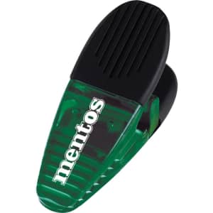 A green and black magnetic memo holder clip featuring a logo, designed for office use.