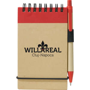 A notepad with a kraft cover, red top, and a red pen attached, featuring a logo on the front.