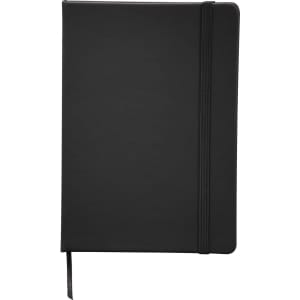 A black 5 x 7 snap elastic closure notebook featuring a matching elastic band. It includes a ribbon bookmark.