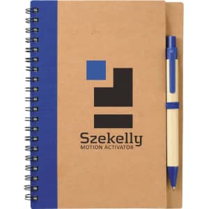 A brown spiral notebook with a blue spine and a matching blue pen, featuring a logo on the cover.