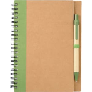 A brown spiral notebook with a green accent and a matching green pen attached. It features a logo on the cover.