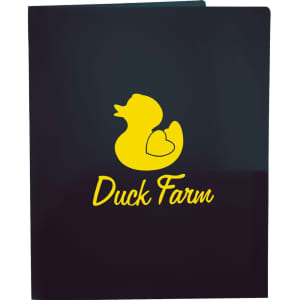 A dark folder featuring a yellow logo of a duck and text that reads "Duck Farm."