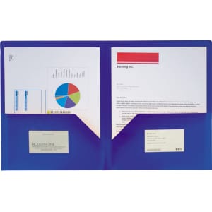 A blue folder featuring two pockets for documents and business cards, designed for office organisation.