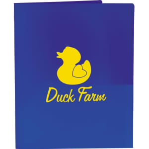 A blue folder with a yellow logo featuring a duck and the text "Duck Farm."