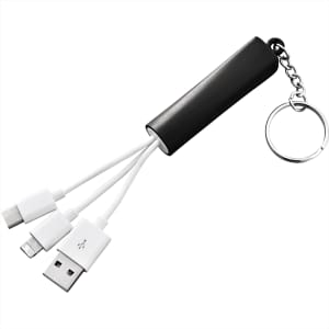 A 3-in-1 charging cable in black with three white connectors, attached to a keychain for portability.