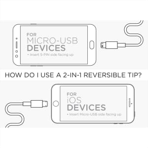 A charging cable with a 2-in-1 reversible tip for Micro-USB and iOS devices, featuring a simple, sleek design.