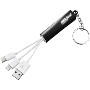 A black 3-in-1 charging cable with multiple connectors and a keychain attachment, featuring a logo.