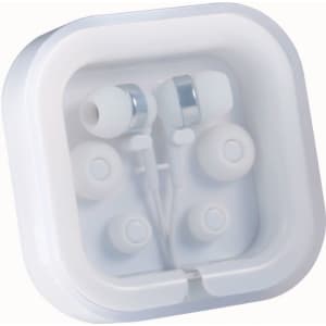 White Colour Pop Earbuds in a clear case, featuring multiple ear tips and a logo.