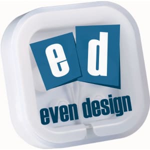 A compact case with white earbuds inside. The case features a logo and is primarily white with blue accents.