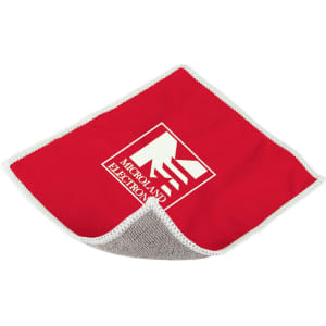 A red cleaning cloth with a textured white backing, featuring a logo on one side.