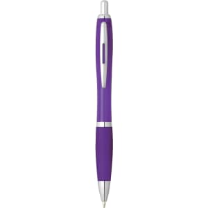 A purple plastic pen with a silver clip and tip, featuring a comfortable grip and a sleek design.