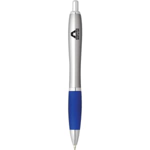 A silver and blue plastic pen with a logo on the barrel.