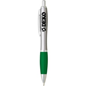 A plastic pen featuring a silver barrel and green grip with a logo on the side.