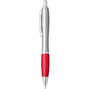 A plastic pen with a silver upper section and a red grip, featuring a clip and a logo.