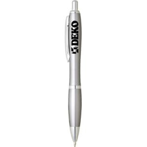 A silver plastic pen with a clip and a branding logo on the side.