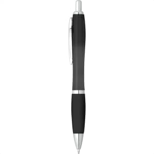 A black plastic pen with silver accents and a grip section, featuring a clip and a branding logo.