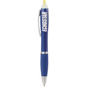 A blue pen with a built-in highlighter and a clip, featuring a logo on the barrel.