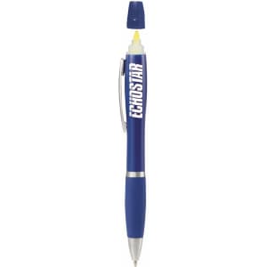 A blue pen-highlighter with a cap and a silver clip, featuring a logo on its body.