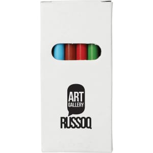 A box containing six coloured pencils in blue, red, green, and other shades, with branding on the packaging.