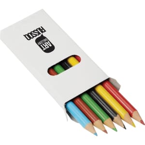 A coloured pencil set featuring six vibrant pencils: blue, green, yellow, red, black, and brown, in a white packaging with a logo.