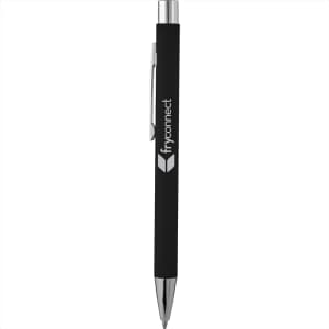 A black metal pen with a soft touch finish and a chrome clip, featuring a logo.