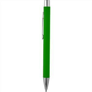 A green soft touch metal pen with a silver clip and tip, featuring a simple design and a branding logo.