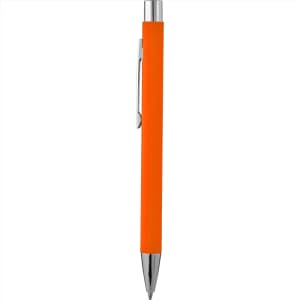 An orange metal pen with a soft touch finish and a chrome clip. The pen features a logo on its barrel.