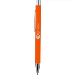 An orange soft touch metal pen with a silver clip and a logo.