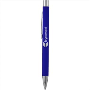 A blue soft touch metal pen with a silver clip and a logo.