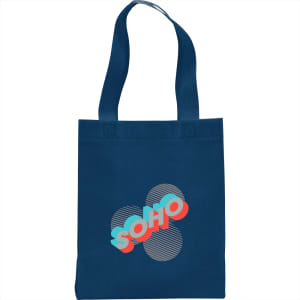 A navy blue non-woven tote bag featuring a printed design with a logo and geometric shapes.