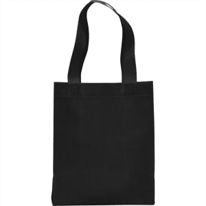 A black non-woven tote bag with long handles and a simple design. It features a logo on the front.