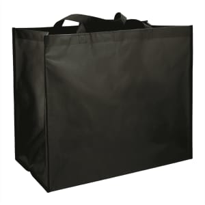 A black double laminated wipeable jumbo tote bag with sturdy handles. Features a logo on the surface.