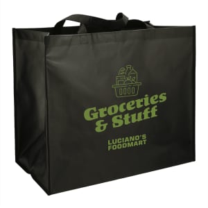 A black double laminated tote bag featuring a logo and text in green. Suitable for carrying large items.