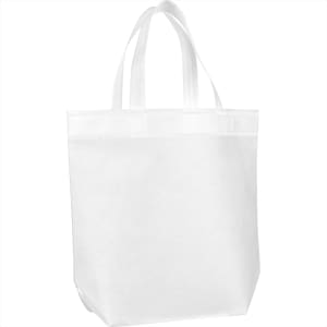 A white non-woven tote bag with two handles and a branded logo. Ideal for reusable grocery shopping.
