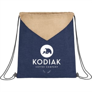 A navy drawstring bag with a tan top panel and a logo printed on the front. Features black drawstrings.
